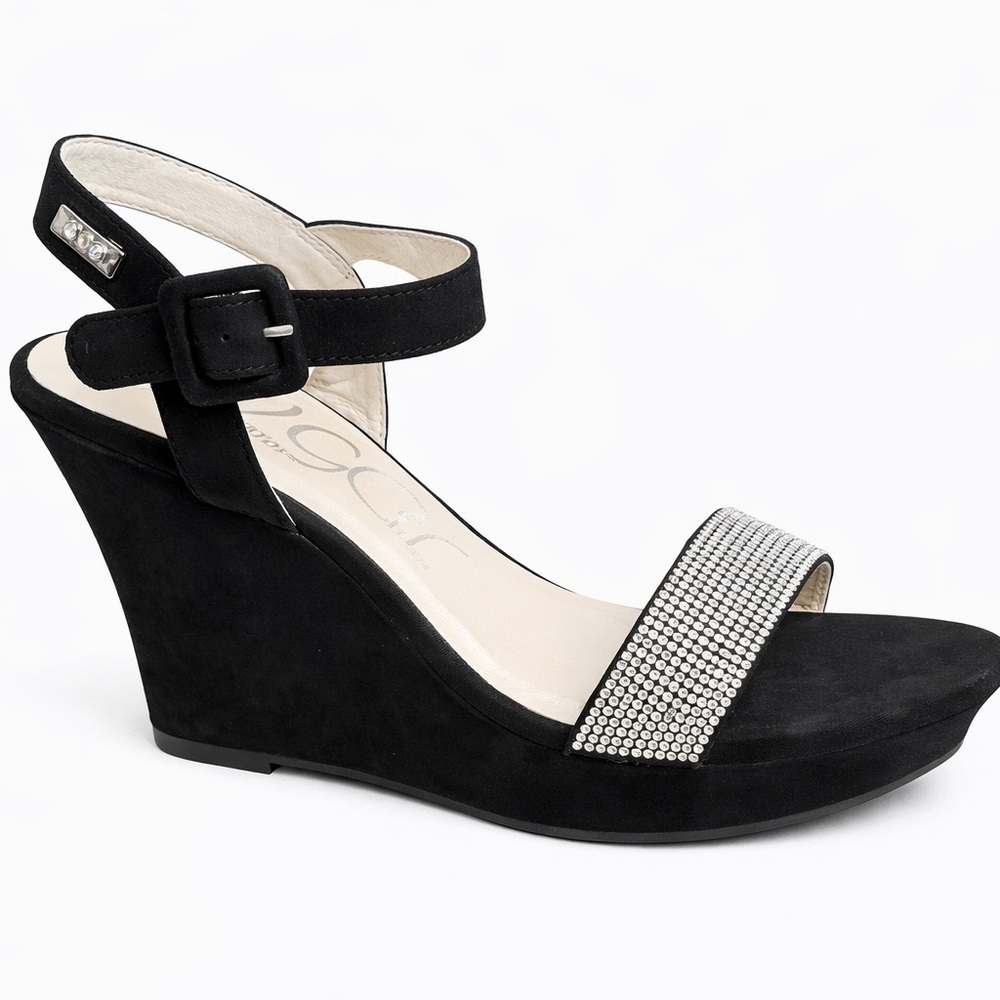 Sugar Chili Rhinestone Wedge Sandals Black Faux Suede Women’s 9.5 - Picture 3 of 6